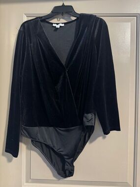 Black Velvet Wrap Bodysuit - Women's Long Sleeve Bodysuit